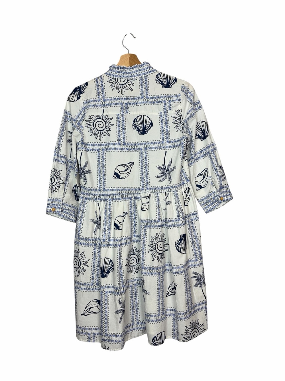Shell & Palm Print Long-Sleeve Shirt Dress in Navy on White